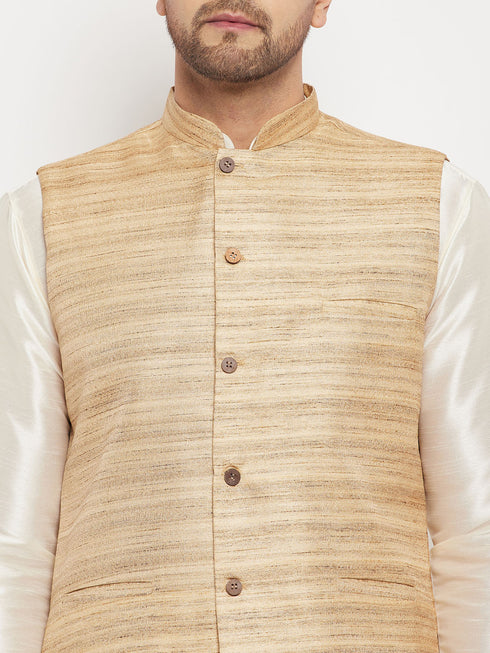 VASTRAMAY Men's Beige Silk Blend Nehru Jacket